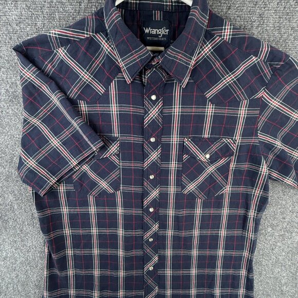 VTG Wrangler Short Sleeve Men Pearl Snap Up Shirt Adult Western Plaid Blue Red L - Picture 1 of 13